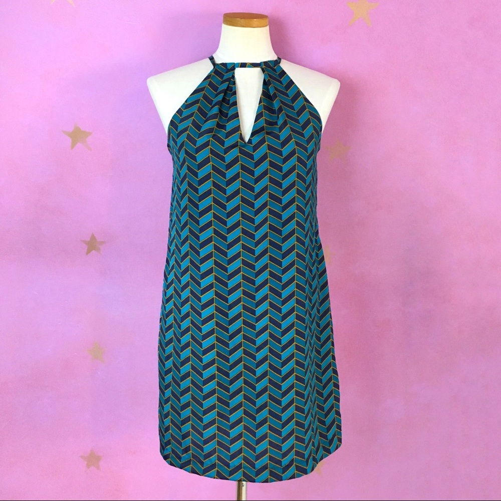 ECI NWT GEOMETRIC CHEVRON HALTER SATIN DRESS BEIGE BY